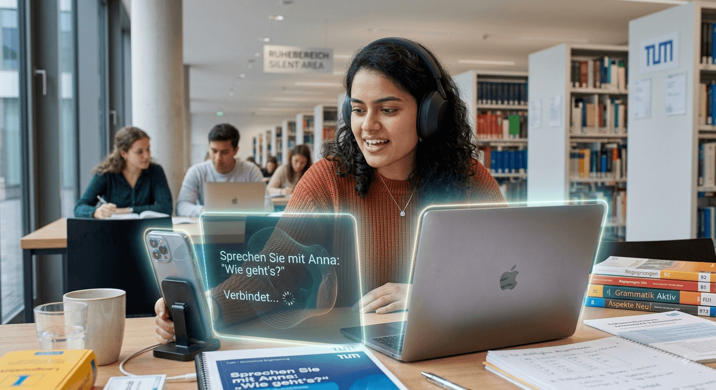 Learner practising German conversation with an AI language teacher
